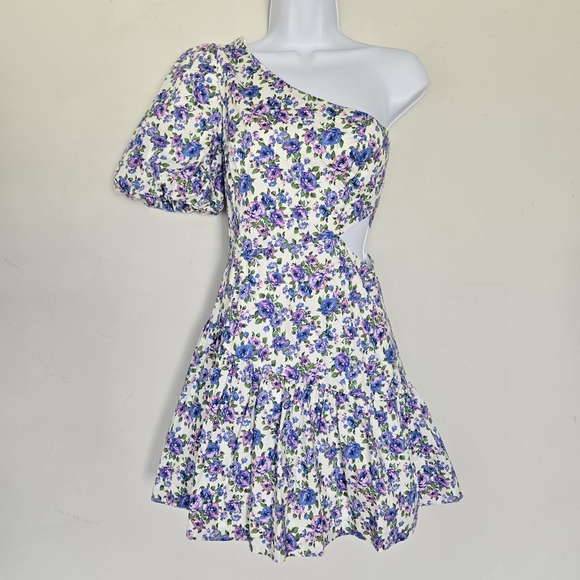 Vestique Floral‎ One Shoulder Mini Dress S Y2K Puff Sleeve Cottagecore Tea Party - Picture 1 of 15